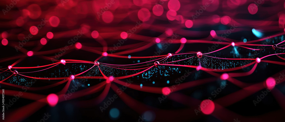 Poster a vibrant digital network of interconnected nodes and lines, illuminated in red and blue hues, repre
