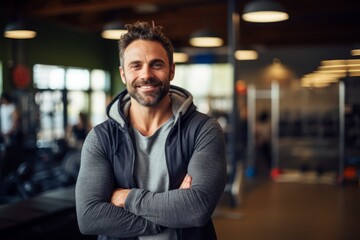 Obraz premium Portrait of a happy man in his 30s sporting a rugged denim jacket on dynamic fitness gym background