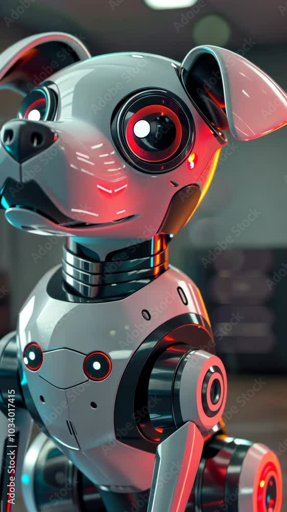 Poster white and red robot dog with big eyes moves its head slightly while posing and looking around in a f