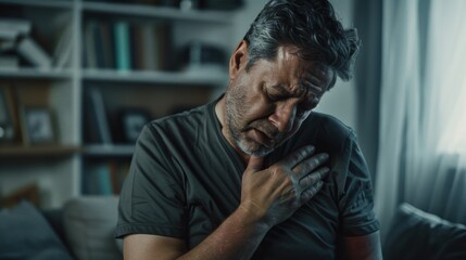 Obraz premium A person experiencing chest pain sits on a couch, potential medical emergency scenario