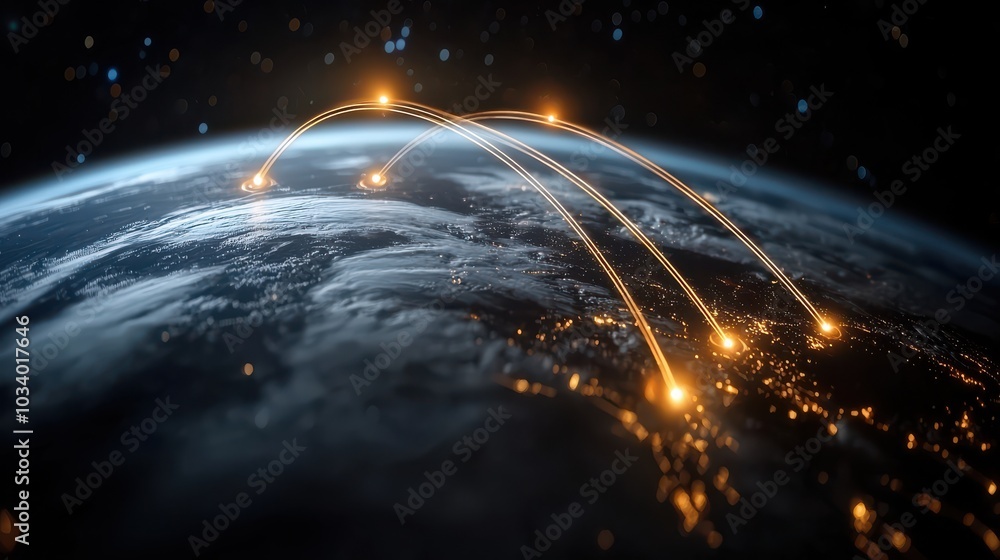 Poster connecting world through advanced mobile networks, this showcases glowing lines representing data tr