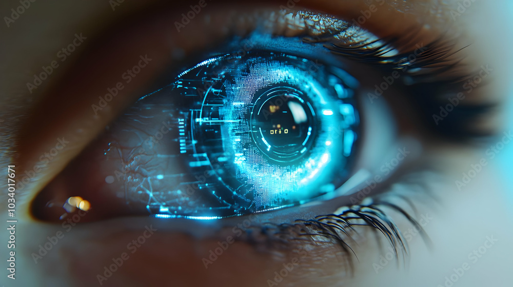 Poster 3d biometric voter iris scan concept: extreme close-up of eye undergoing futuristic iris scan for vo
