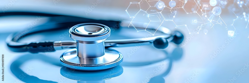 Poster detailed close up view of a medical stethoscope placed on a shiny reflective surface hinting at the 