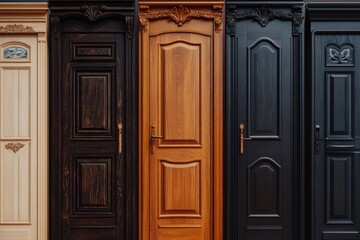 A row of colorful wooden doors with unique designs and hues