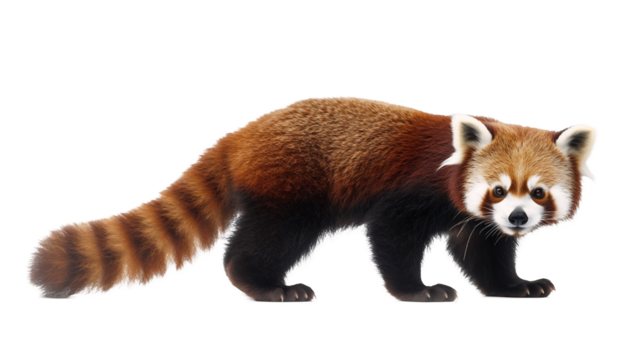 Red panda with bushy tail and masked face isolated on a transparent background, PNG 