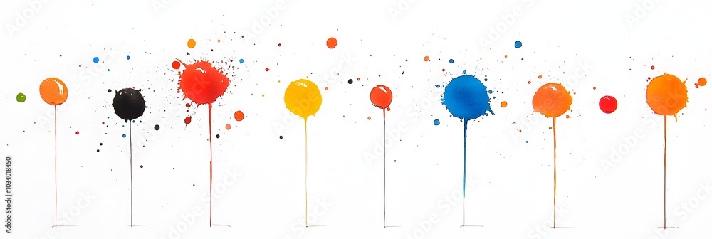 Poster Dynamic and Expressive Watercolor Splashes Forming Bold and Colorful Abstract Patterns on White Paper Surface Showcasing a Creative and Contemporary Aesthetic