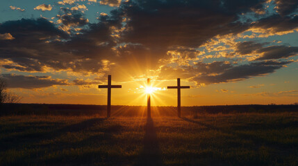 Obraz premium The Three Crosses on Calvary in the Sunset. Christianity and Jesus Christ simbolism.