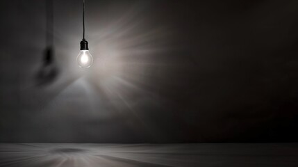 Dark empty room with single flickering light bulb casting long shadows, emphasizing absence of power and eerie atmosphere, minimalist setting with focus on light bulb's glow.