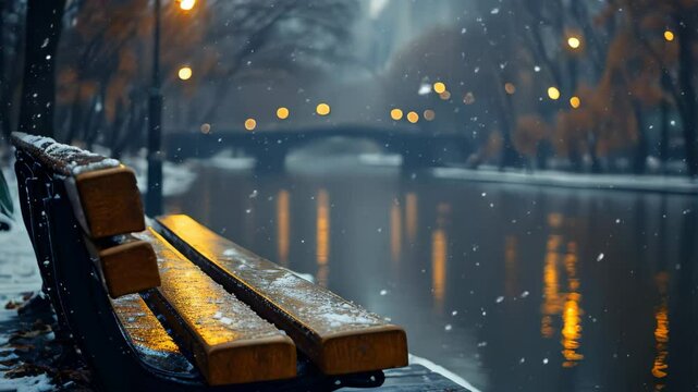 First snow in winter city park with river and bridge background. Side view bench in city park, winter holidays concept. City park landscape banner. Urban outdoor