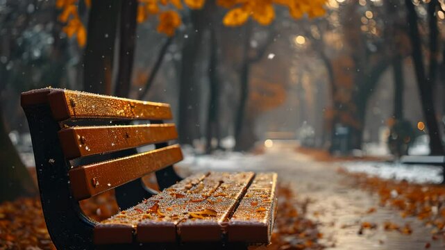 First snow in winter city park with autumn yellow leaves background. Side view bench in city park, winter holidays concept. City park landscape banner. Urban outdoor
