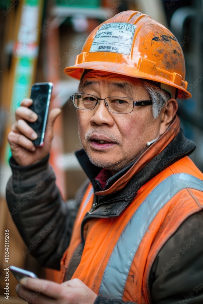 Poster a worker on the job site holds his cell phone, likely checking messages or taking a call