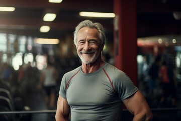 Obraz premium Portrait of a grinning man in his 70s donning a trendy cropped top in front of dynamic fitness gym background