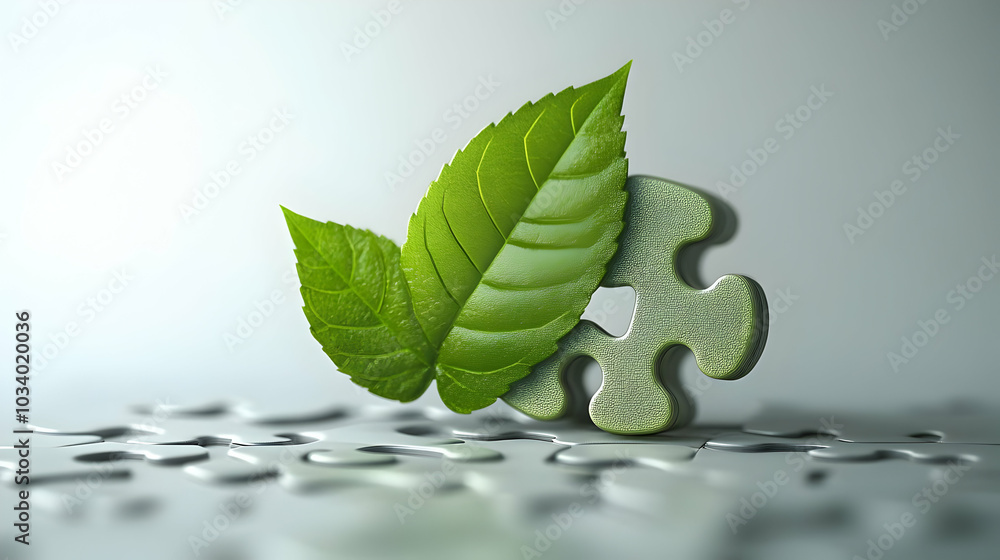 Poster 3d floating puzzle pieces with green leaf illustration - symbolizing environmental problem solving a