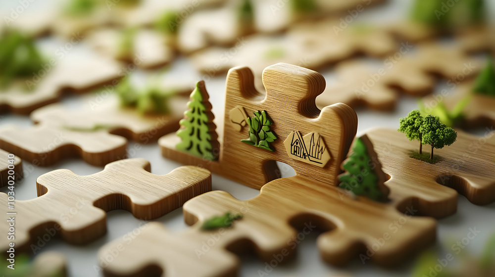 Poster 3d close-up of interlocking puzzle pieces with environmental icons - macro shot highlighting collabo