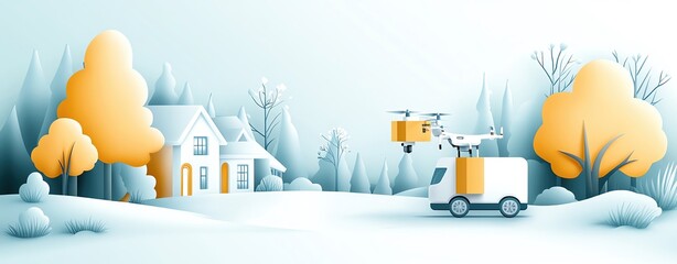 An illustration of a package being delivered by drone to a suburban home, with trees and houses in the background, drawn in pencil color style with soft shading