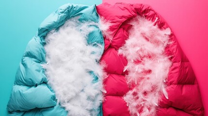 A vibrant background contrasts with a filled down jacket featuring a striking white feather in the center, showcasing a unique textile art piece