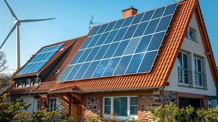 Fototapeta premium A house featuring solar panels and a wind turbine, emphasizing renewable energy use.