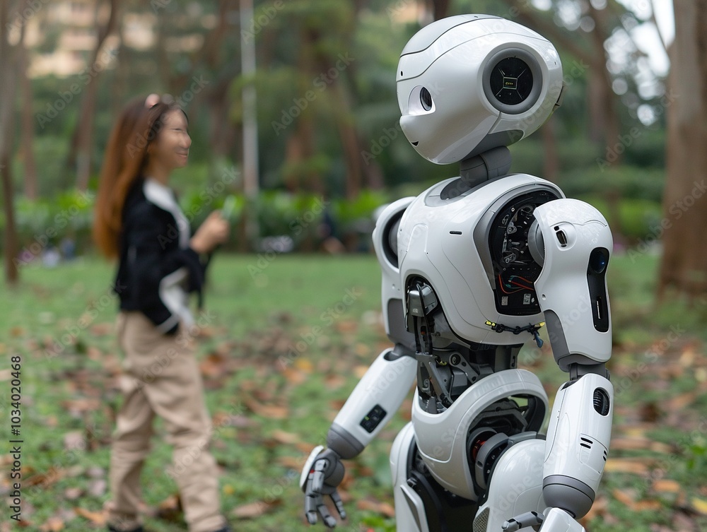 Poster a humanoid robot stands in a park while a person interacts in the background.