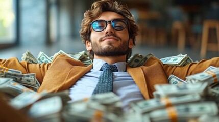 A young man enjoys a whimsical moment in a fantasy world as cash prizes and gifts swirl joyfully around him under a clear sky