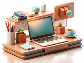 Modern Home Office Design: Sleek Laptop Setup with Stylish Desk Accessories Against Glossy White Background � Perfect for Stock Photos and Copy Space