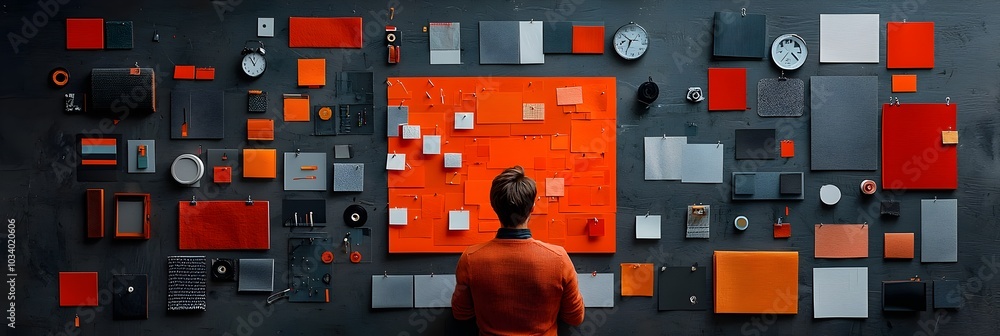 Poster fabric swatches pinned to a mood board showcasing the creative process and behind textile design and