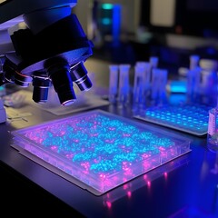 In Vitro Drug Testing Setup Showing Cultured Human Cells in Multi Well Plates Being Analyzed by Automated Microscopes While Scientists Review Holographic Cellular Activity and Data