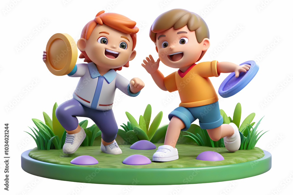 Poster kids playing with a frisbee in the backyard: joyful outdoor activity showcasing coordination and fun