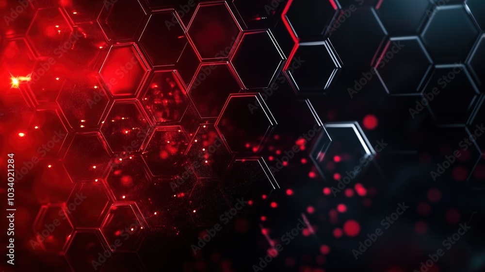 Poster Red glowing light effect on a dark hexagon-patterned background, representing a futuristic technology and science concept. This 3D-rendered design features a close-up shot in 4K resolution with ultra-