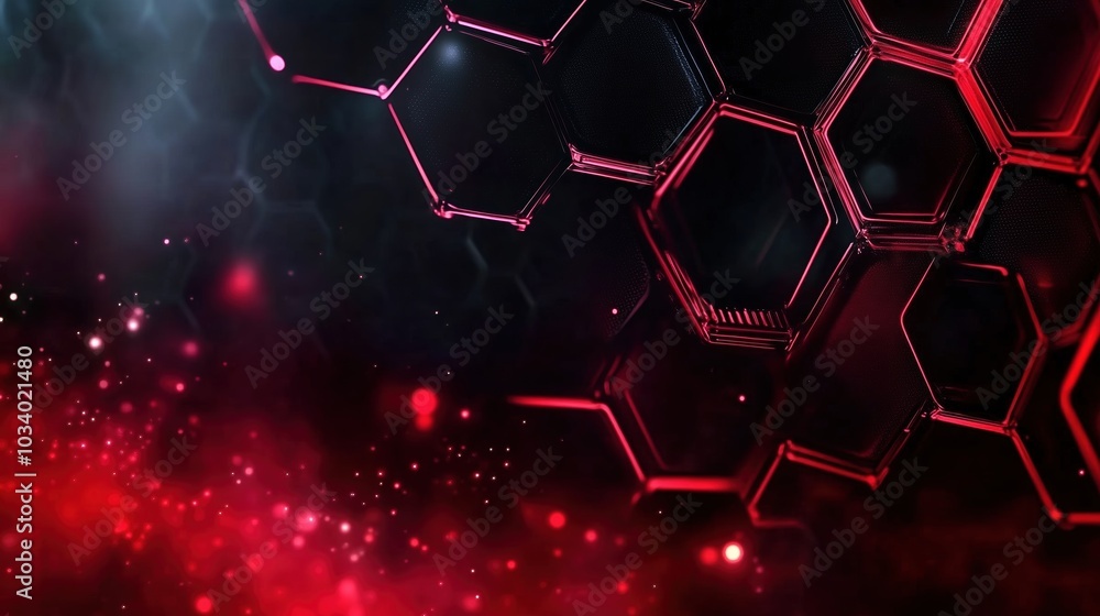 Poster Red glowing light effect on a dark hexagon-patterned background, representing a futuristic technology and science concept. This 3D-rendered design features a close-up shot in 4K resolution with ultra-