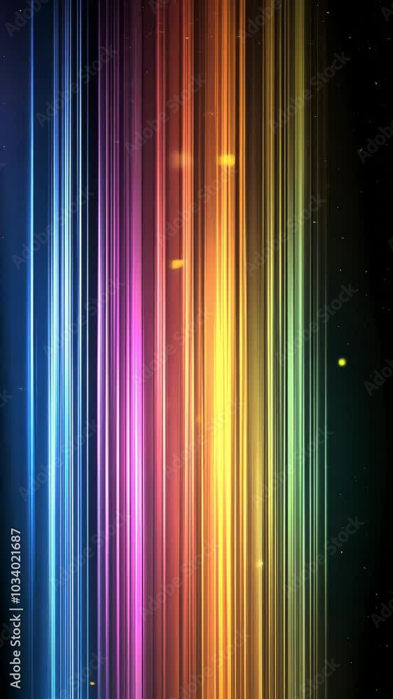 Poster pulsating vertical rainbow streaks of light create a mesmerizing effect with particles floating in t