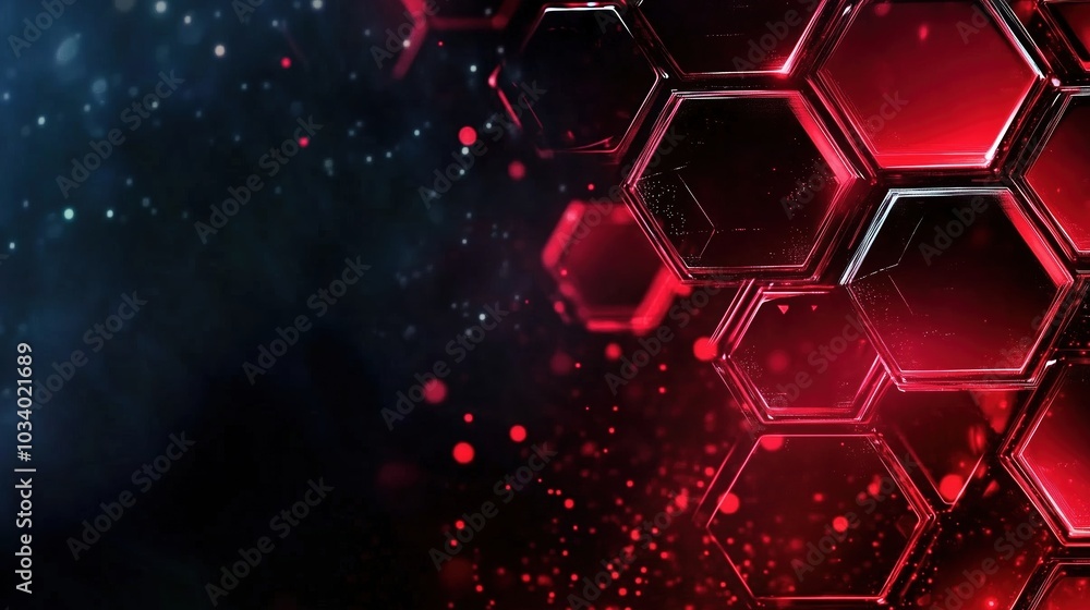 Poster Red glowing light effect on a dark hexagon-patterned background, representing a futuristic technology and science concept. This 3D-rendered design features a close-up shot in 4K resolution with ultra-
