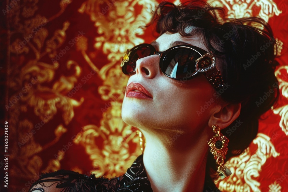 Poster A woman wearing sunglasses and a black dress