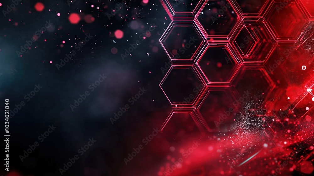 Poster Red glowing light effect on a dark hexagon-patterned background, representing a futuristic technology and science concept. This 3D-rendered design features a close-up shot in 4K resolution with ultra-