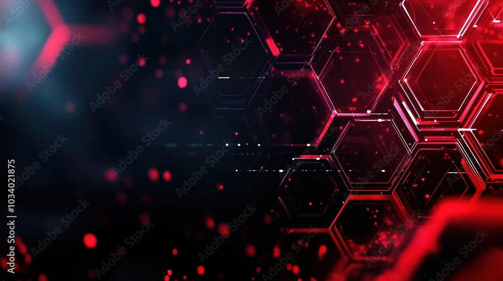 Poster Red glowing light effect on a dark hexagon-patterned background, representing a futuristic technology and science concept. This 3D-rendered design features a close-up shot in 4K resolution with ultra-