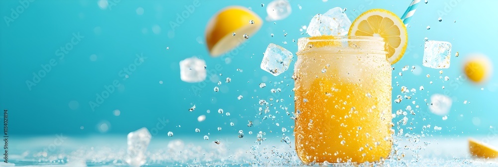 Aufkleber frozen mid air splash of lemonade in a transparent glass with ice cubes and a chilled refreshing dri