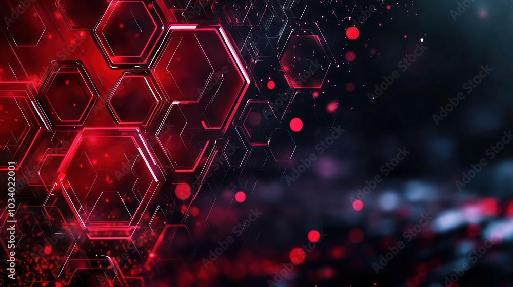 Poster Red glowing light effect on a dark hexagon-patterned background, representing a futuristic technology and science concept. This 3D-rendered design features a close-up shot in 4K resolution with ultra-