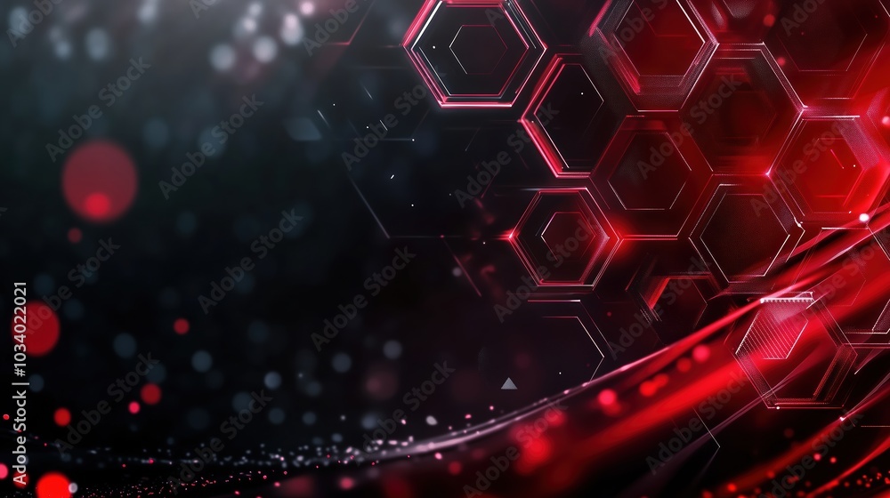 Poster Red glowing light effect on a dark hexagon-patterned background, representing a futuristic technology and science concept. This 3D-rendered design features a close-up shot in 4K resolution with ultra-