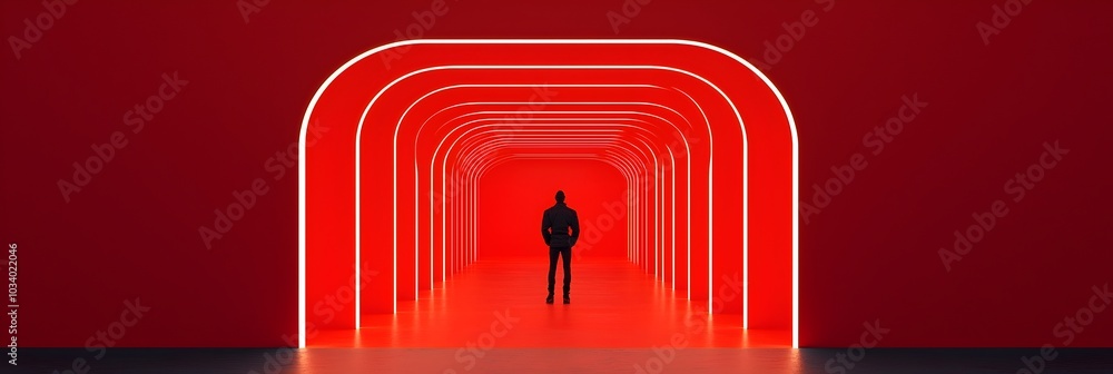 Poster Futuristic architectural corridors with parallel lines of glowing luminous lights creating a sense of depth dimension and visual interest  The sleek