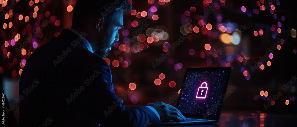 Poster a focused individual in a suit works on a laptop with a digital lock symbol against a backdrop of co