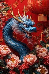 Obraz premium A blue dragon statue decorated with flowers and lanterns, perfect for fantasy or mystical settings