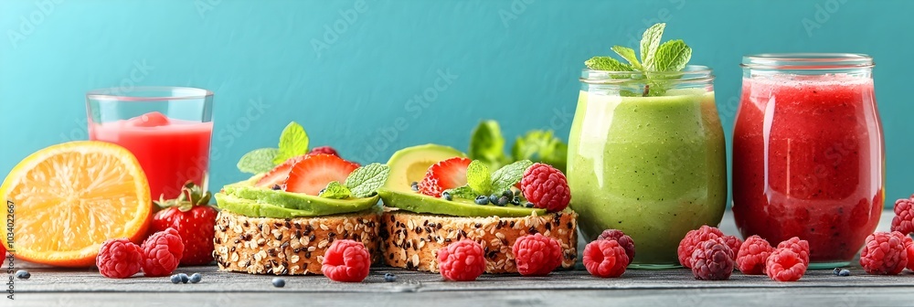 Aufkleber healthy and appetizing breakfast of avocado toast and refreshing fruit smoothie served on a vibrant 
