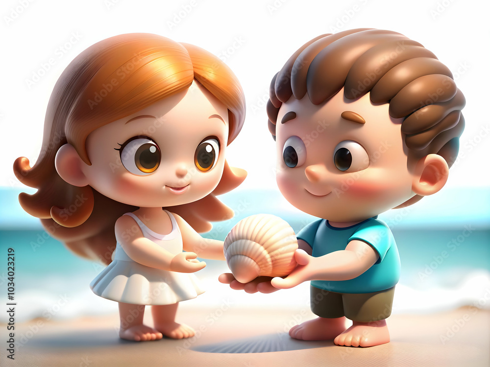 Poster close up of child offering seashell to parent on beach - macro shot symbolizing affection and sharin