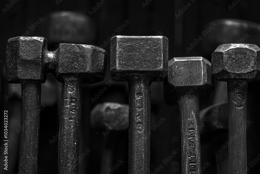 Poster A collection of hammers lying side by side, awaiting use