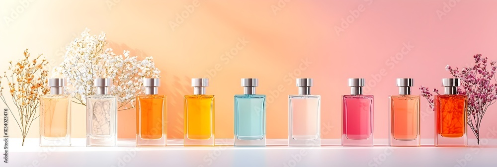 Poster Luminous Reflections Captivating glass perfume bottles casting colorful beams of light creating a mesmerizing and enchanting still life scene
