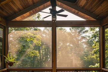 Fototapeta premium A cozy sunroom with a ceiling fan and a window for natural light