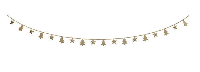 Golden Christmas Garland: This festive garland features a string adorned with shimmering golden stars and pine trees, perfect for adding a touch of holiday cheer to any space.