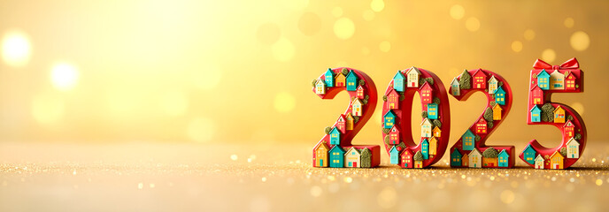 Fototapeta premium Big red numbers for the new year 2025 decorated with colorful private houses on a orange yellow background with lights and bokeh. Panoramic advertising banner with space for text, real estate concept