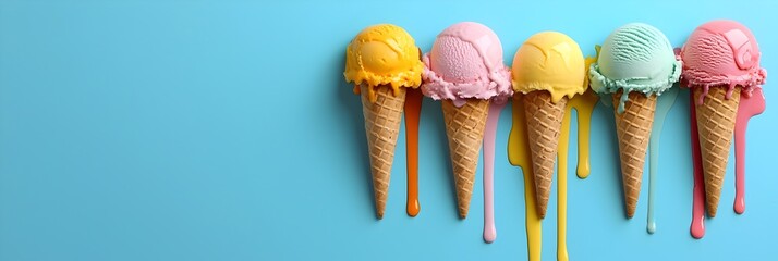 Melting ice cream cones with vibrant drippy dairy dessert against an background  This conceptual image represents the impact of climate change and global warming on temperature and the environment