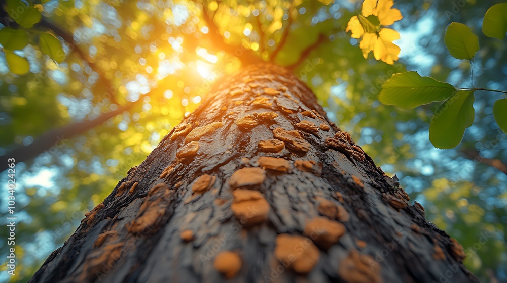 Wall mural a low angle view of a tree trunk with green leaves and sunlight shining through the branches.