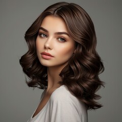 Fototapeta premium Beautiful model girl with shiny brown and straight long hair . Keratin straightening . Treatment, care and spa procedures. Smooth hairstyle